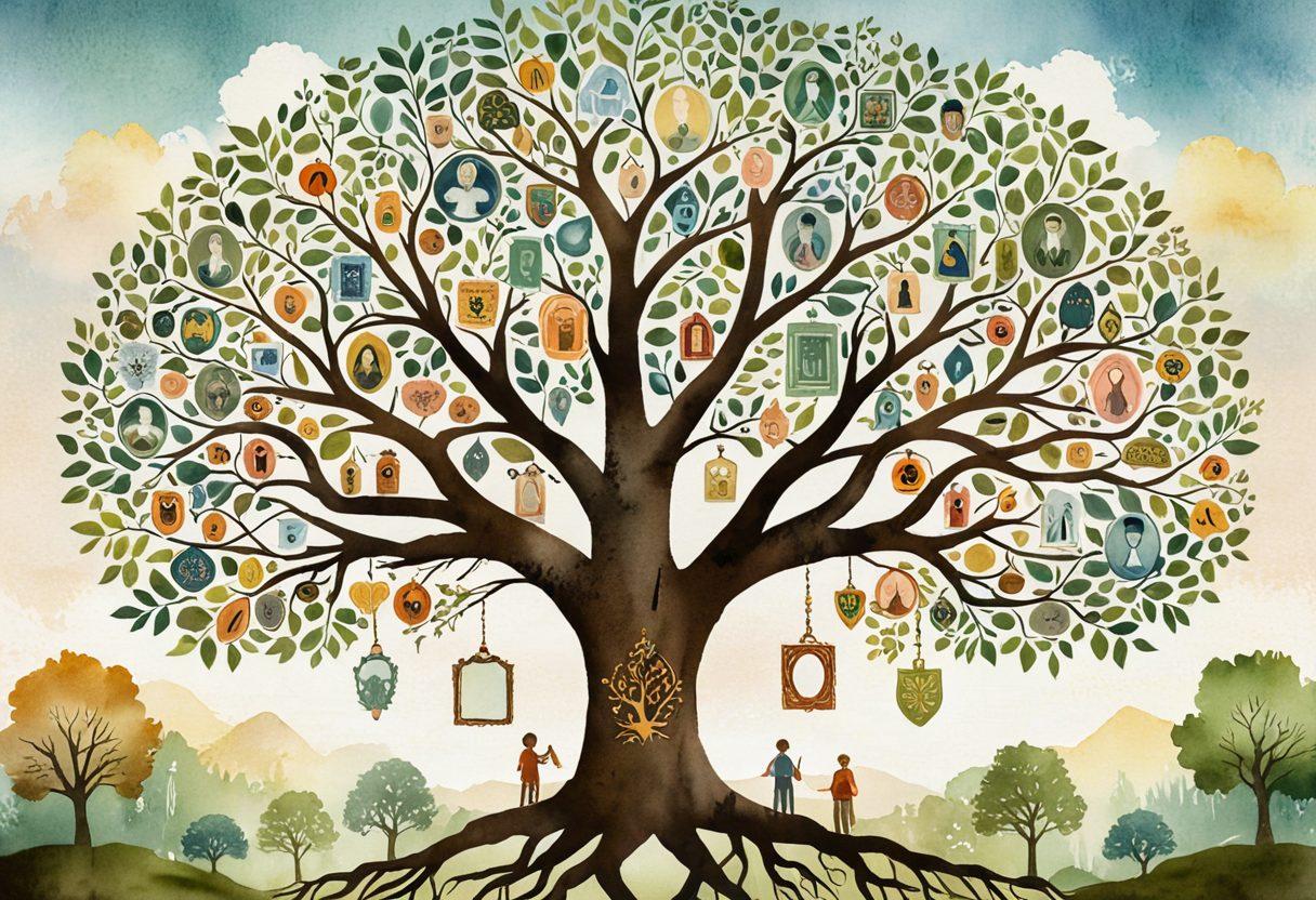 A warm, inviting family photo tree with diverse branches showcasing various ancestral faces and heirlooms, surrounded by protective shields symbolizing family insurance. In the backdrop, a serene landscape representing security and legacy, infused with soft sunlight filtering through. Include elements like vintage photographs, family documents, and symbolic icons of protection. watercolor painting. soft pastel colors. inviting atmosphere.