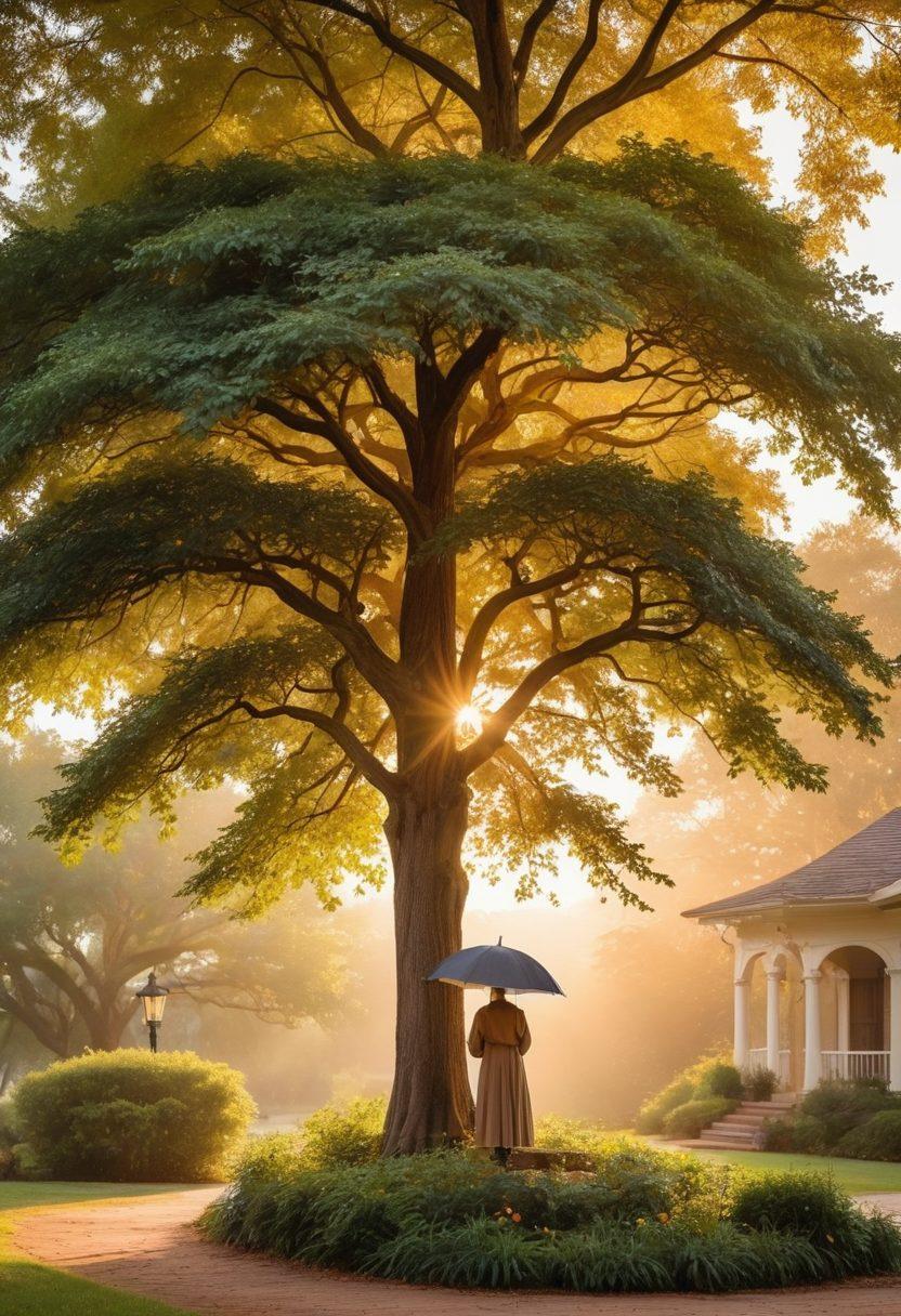 A serene family tree with branches extending outwards, symbolizing generational connections, adorned with historical documents and family photographs representing legacy. In the foreground, a guardian figure holding an umbrella labeled 'Insurance' to protect the tree. Soft light filtering through leaves to create a hopeful atmosphere. Watercolor style. warm hues. peaceful background.