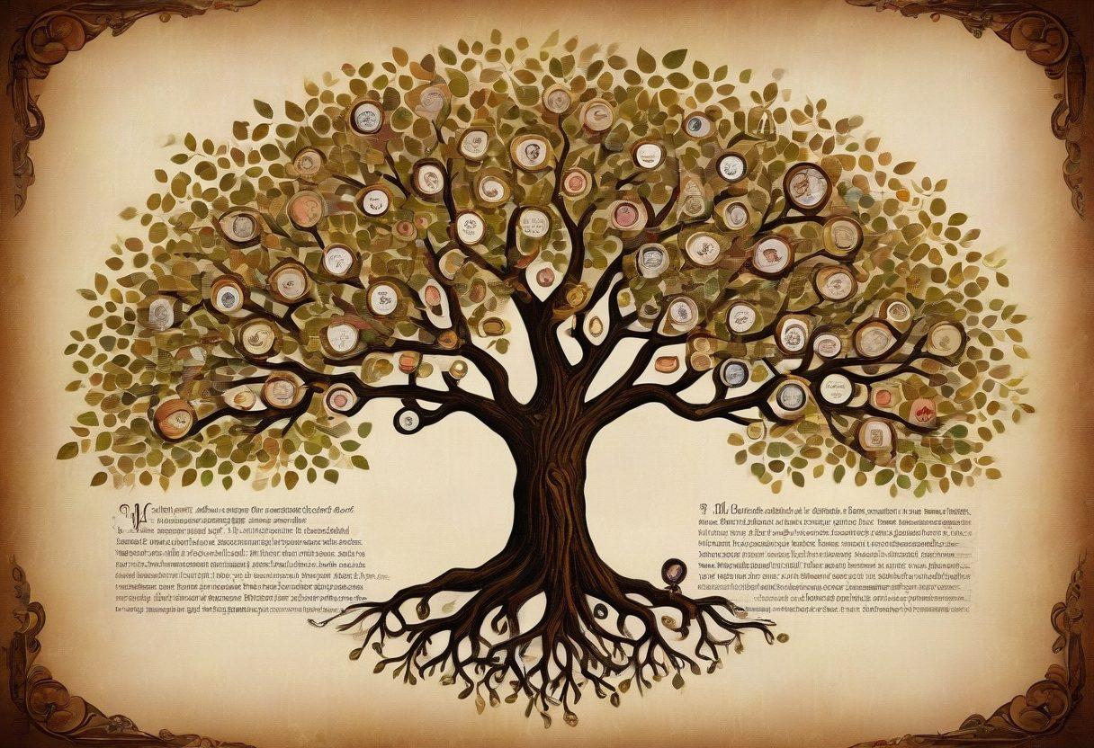 A beautifully detailed family tree stretching across a vintage parchment background, adorned with intricate leaves and branches representing different generations. Overlay images of diverse families celebrating their heritage, showcases of heirlooms and insurance documents subtly blended into the scene. Include symbolic elements like keys and lockets to represent preservation and protection. soft light ambiance. vintage style. earthy tones.